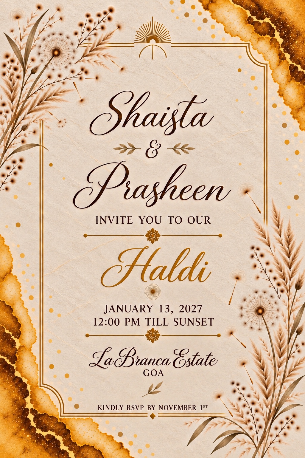 Haldi — January 13, 2027, 12:00 PM till sunset. La Branca Estate, Goa. Kindly RSVP by November 1st.