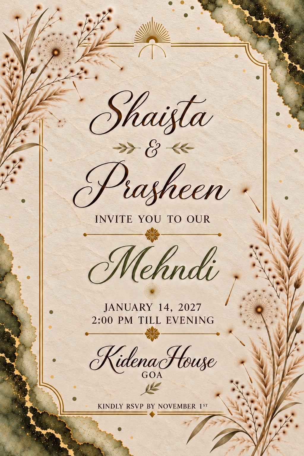Mehndi — January 14, 2027, 2:00 PM till evening. Kidena House, Goa. Kindly RSVP by November 1st.